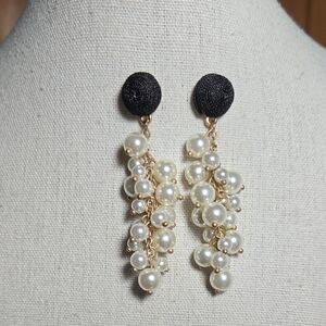 Elegant Black & White Faux Pearl Cluster Dangler Earrings